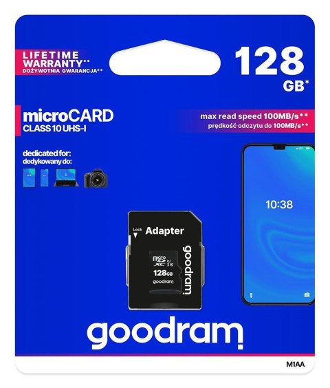 Goodram Karta pamięci microSDXC GOODRAM 128GB M1AA-1280R12 cl 10 UHS-I + adapter Goodram Karta pamięci microSDXC GOODRAM 128GB M1AA-1280R12 cl 10 UHS-I + adapter