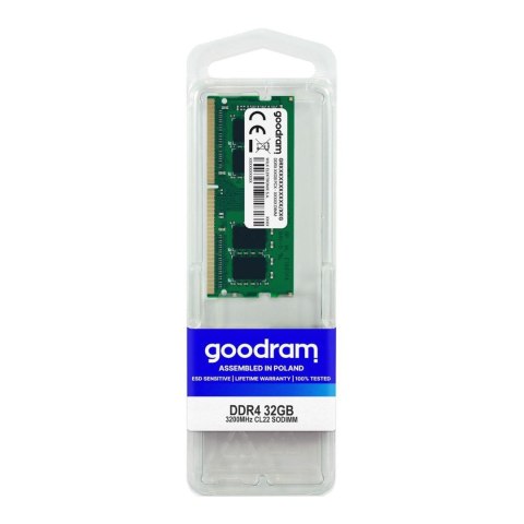 Goodram Pamięć SODIMM DDR4 GOODRAM 32GB (1x32GB) 3200MHz CL22 1.2V Goodram Pamięć SODIMM DDR4 GOODRAM 32GB (1x32GB) 3200MHz CL22 1.2V