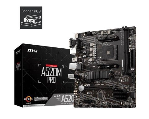 MSI Płyta MSI A520M PRO /AMD A520/DDR4/SATA3/M.2/USB3.1/PCIe3.0/AM4/mATX