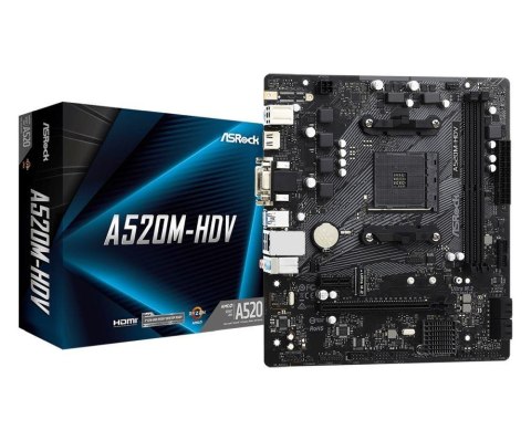 ASRock Płyta ASRock A520M-HDV /AMD A520M/DDR4/SATA3/M.2/USB3.1/PCIe3.0/AM4/mATX