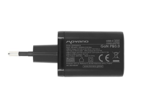 Ładowarka Movano GaN 45W USB-C PD + USB-A (black)