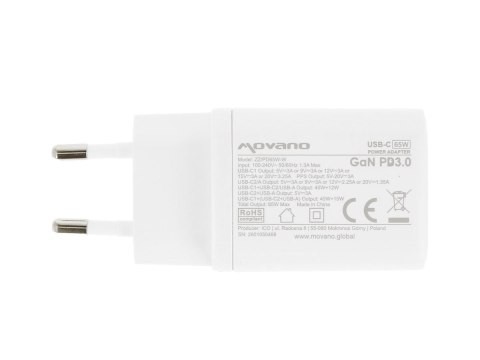 Ładowarka Movano GaN 65W 2x USB-C PD + USB-A (white)