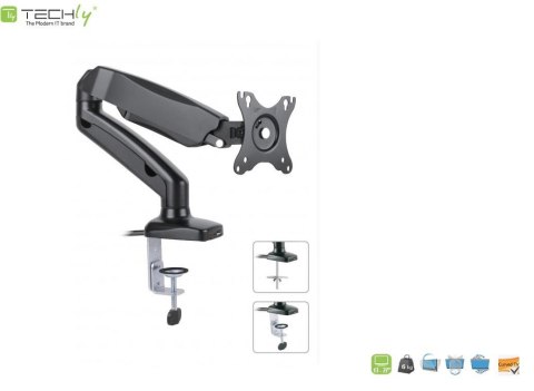 Techly Ramię biurkowe LCD/LED Techly 13"-27", 6kg Amortyzator Gazowy, USB/Audio