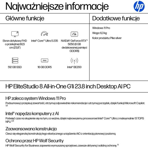 HP EliteStudio 8 AiO G1i Ultra 5 235 23.8"FHD Touch IPS 300nits LBL AG 16GB DDR5 5600 SSD512 Intel Graphics Cam 5MP W11Pro 3Y On